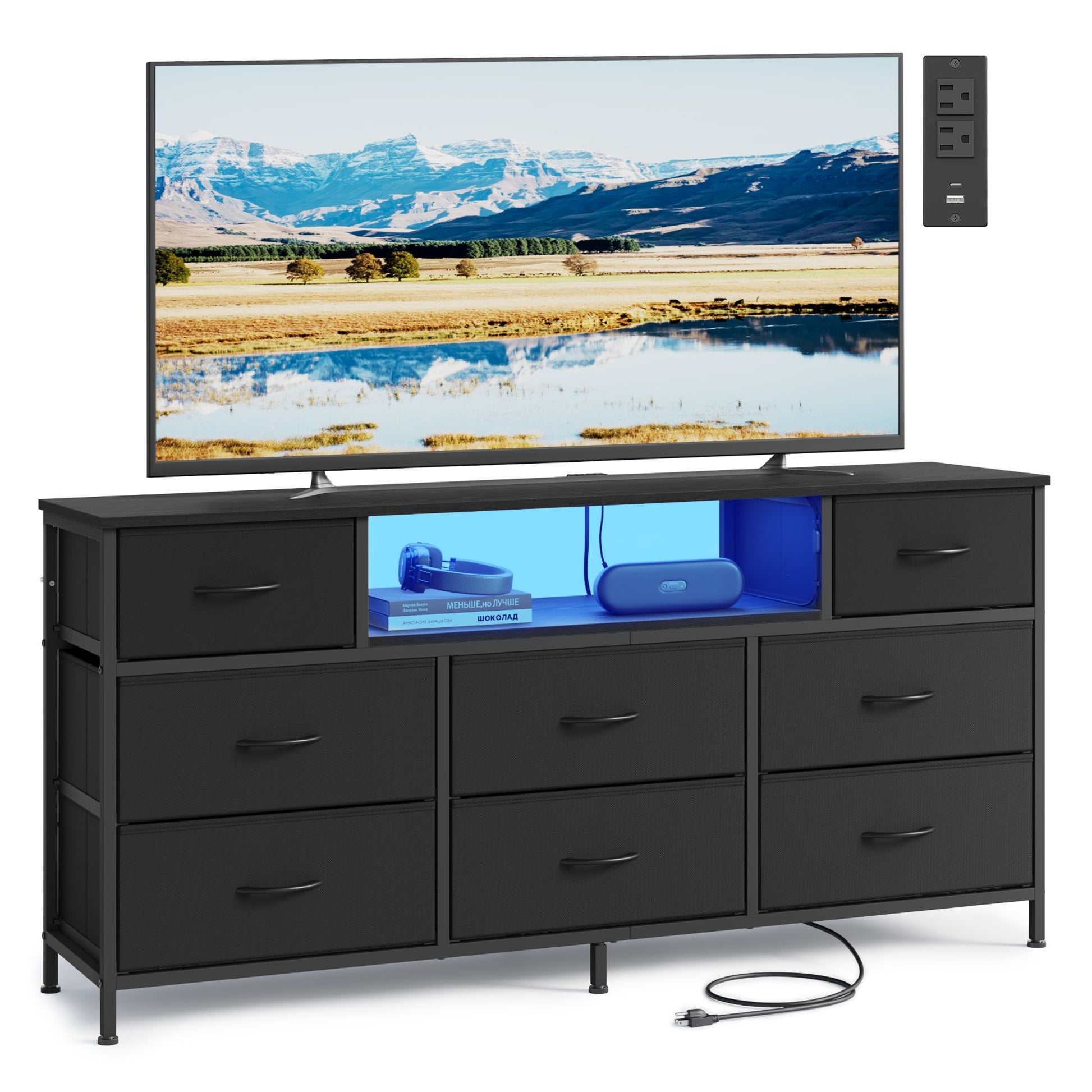 Dresser for Bedroom with Outlets & LED Lights, 8 Fabric Drawers, 13.8"D x 57.8"W x 26.8"H (8 Drawers) - image 1