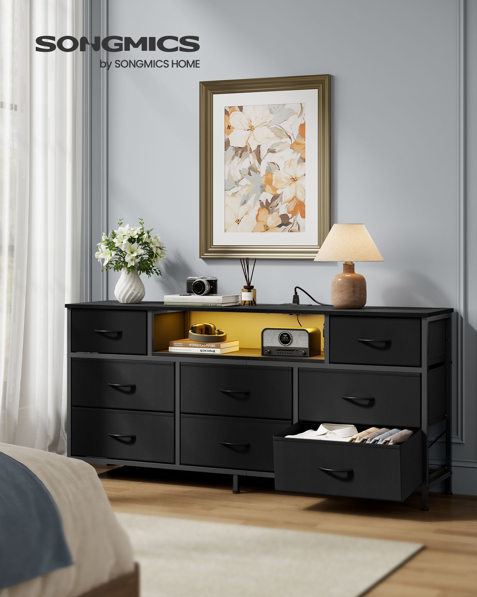 Dresser for Bedroom with Outlets & LED Lights, 8 Fabric Drawers, 13.8"D x 57.8"W x 26.8"H (8 Drawers) - image 2