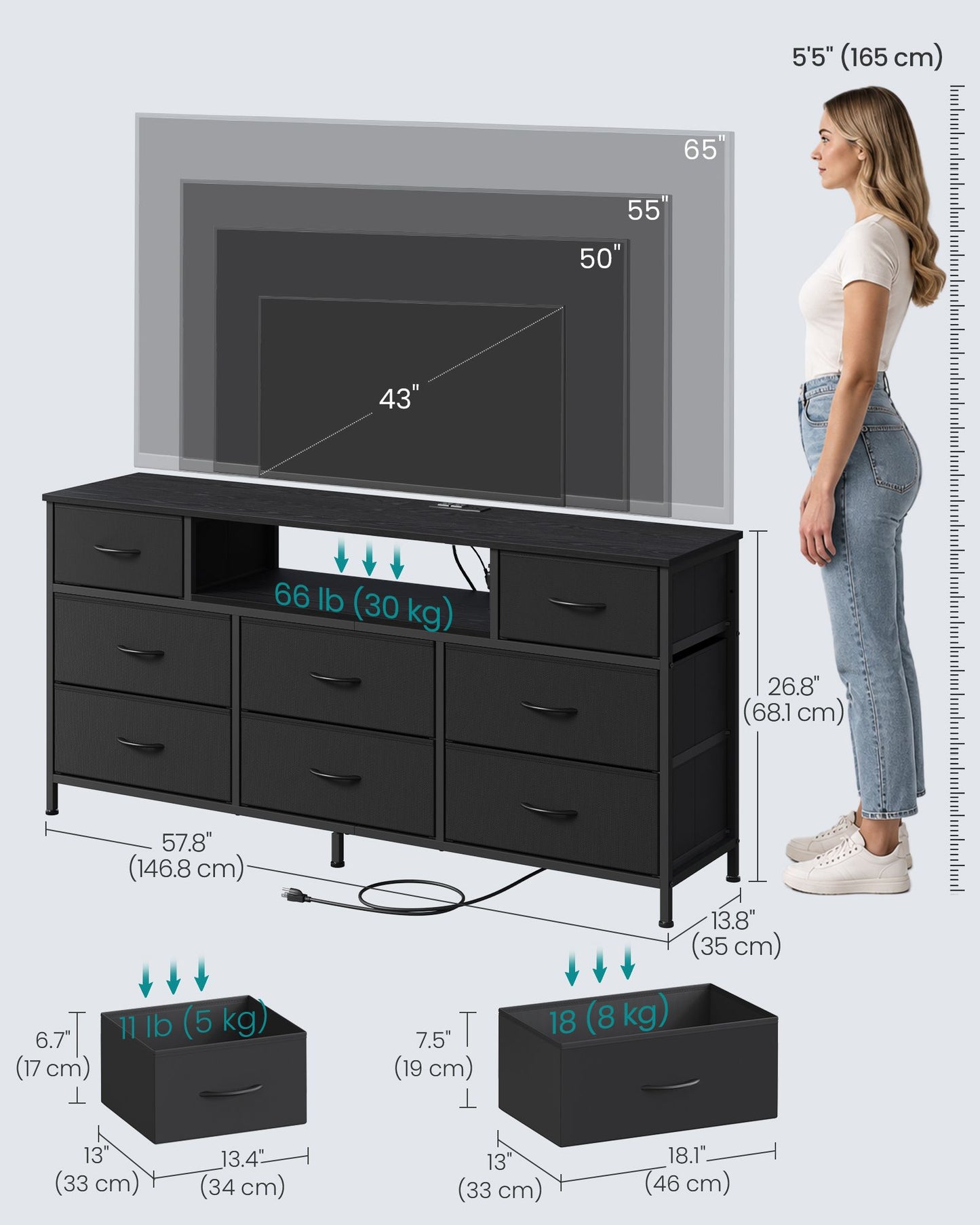 Dresser for Bedroom with Outlets & LED Lights, 8 Fabric Drawers, 13.8"D x 57.8"W x 26.8"H (8 Drawers) - image 3