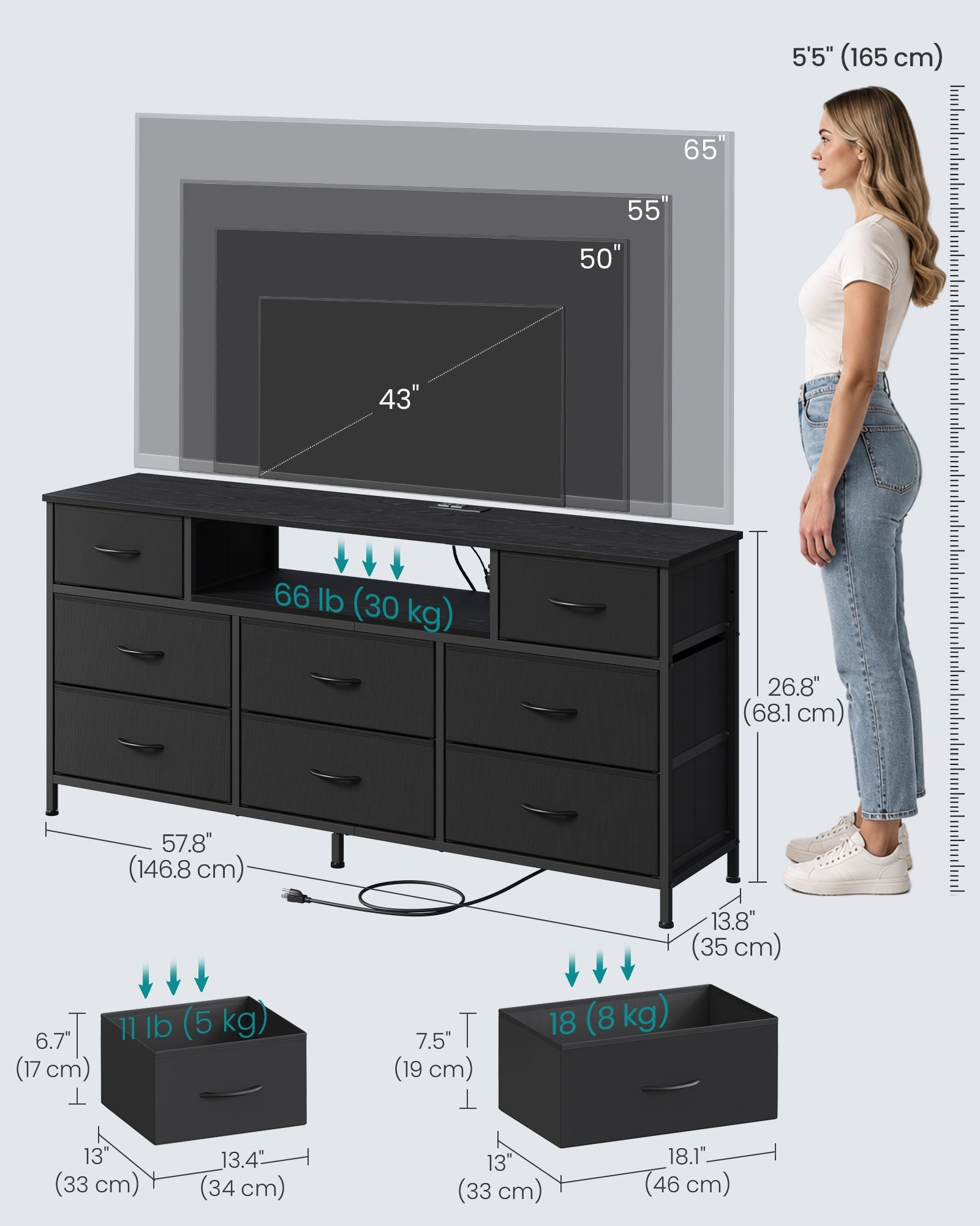 Dresser for Bedroom with Outlets & LED Lights, 8 Fabric Drawers, 13.8"D x 57.8"W x 26.8"H (8 Drawers) - image 3