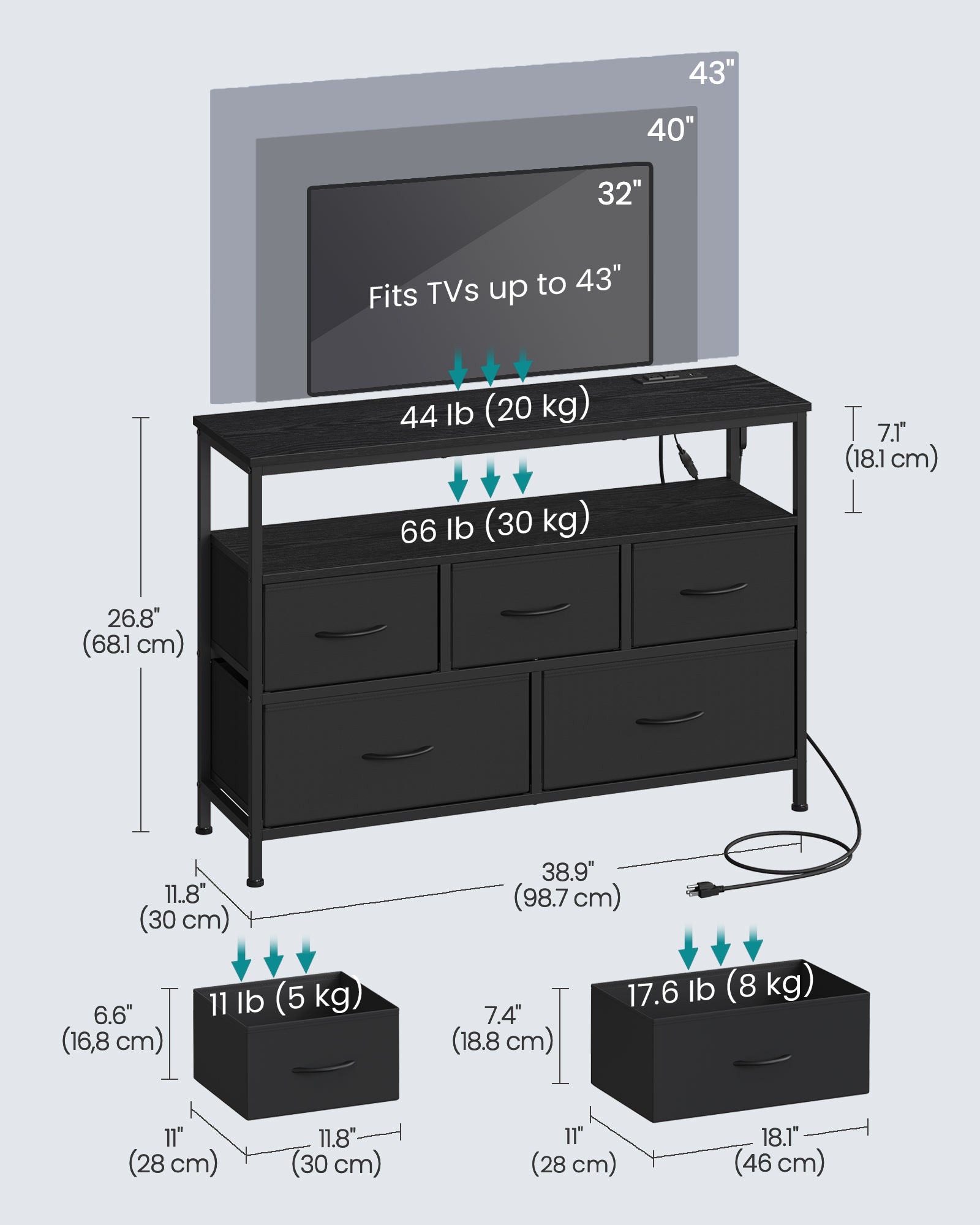 Dresser with App-Controlled LED Lights, 5 Fabric Drawers Dresser, 11.8"D x 38.9"W x 26.8"H (5 Drawers) - image 3