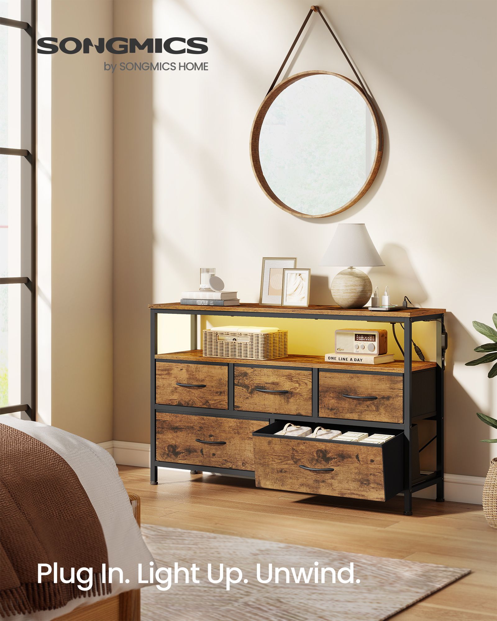 Dresser with App-Controlled LED Lights, 5 Fabric Drawers Dresser, 11.8"D x 38.9"W x 26.8"H (5 Drawers) - image 5
