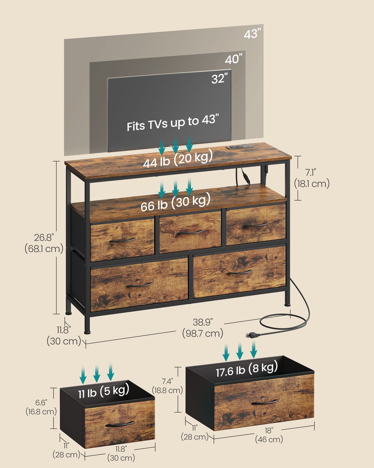 Dresser with App-Controlled LED Lights, 5 Fabric Drawers Dresser, 11.8"D x 38.9"W x 26.8"H (5 Drawers) - image 6