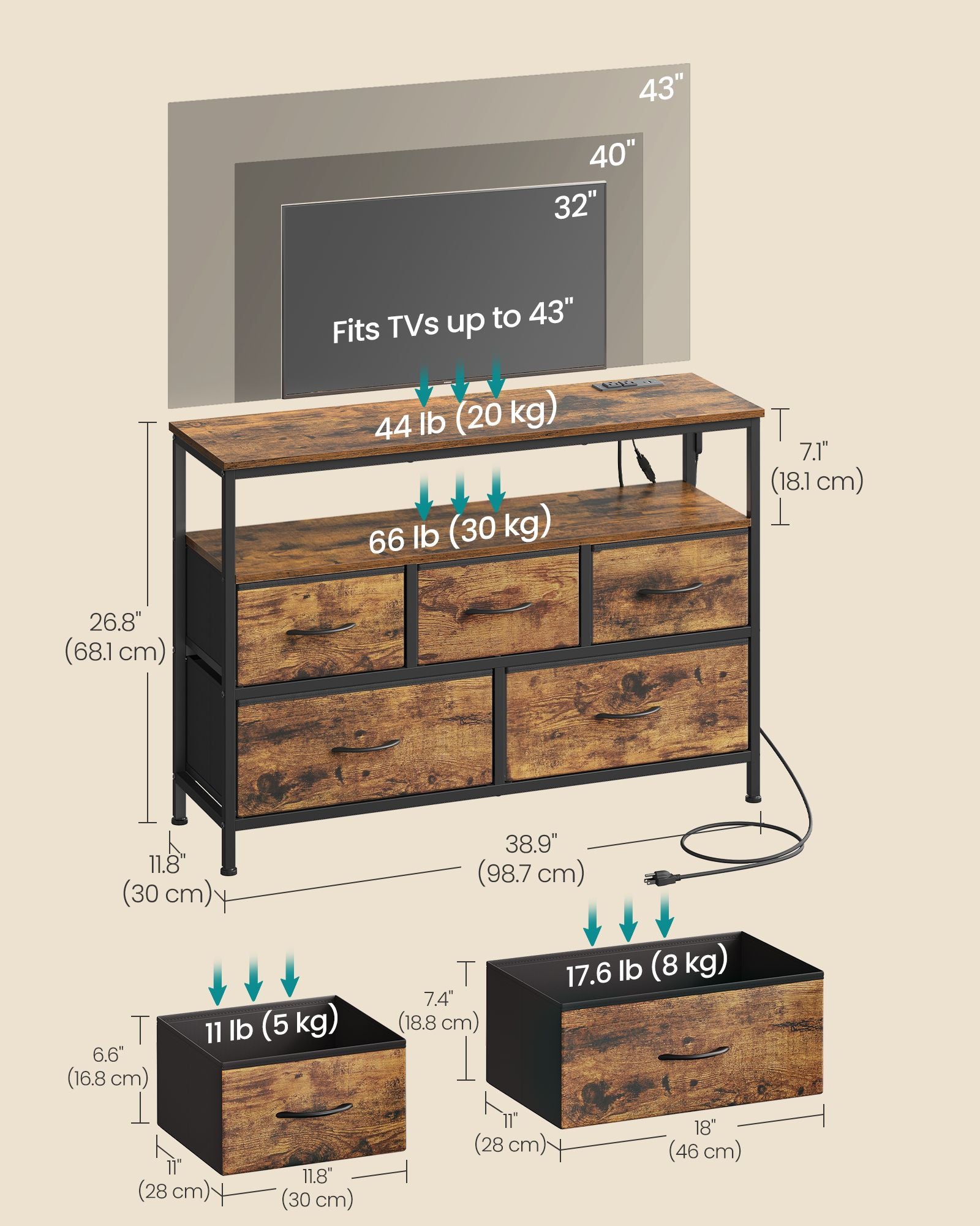 Dresser with App-Controlled LED Lights, 5 Fabric Drawers Dresser, 11.8"D x 38.9"W x 26.8"H (5 Drawers) - image 6