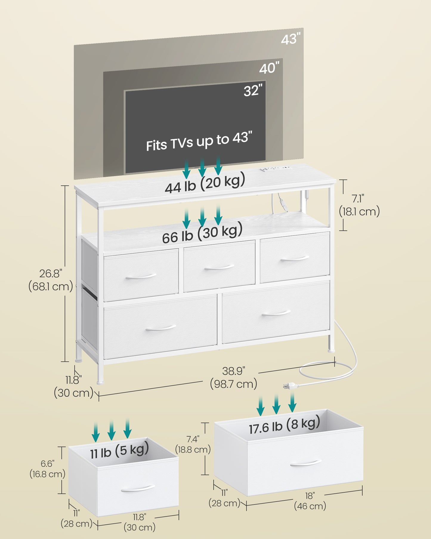 Dresser with App-Controlled LED Lights, 5 Fabric Drawers Dresser, 11.8"D x 38.9"W x 26.8"H (5 Drawers) - image 9