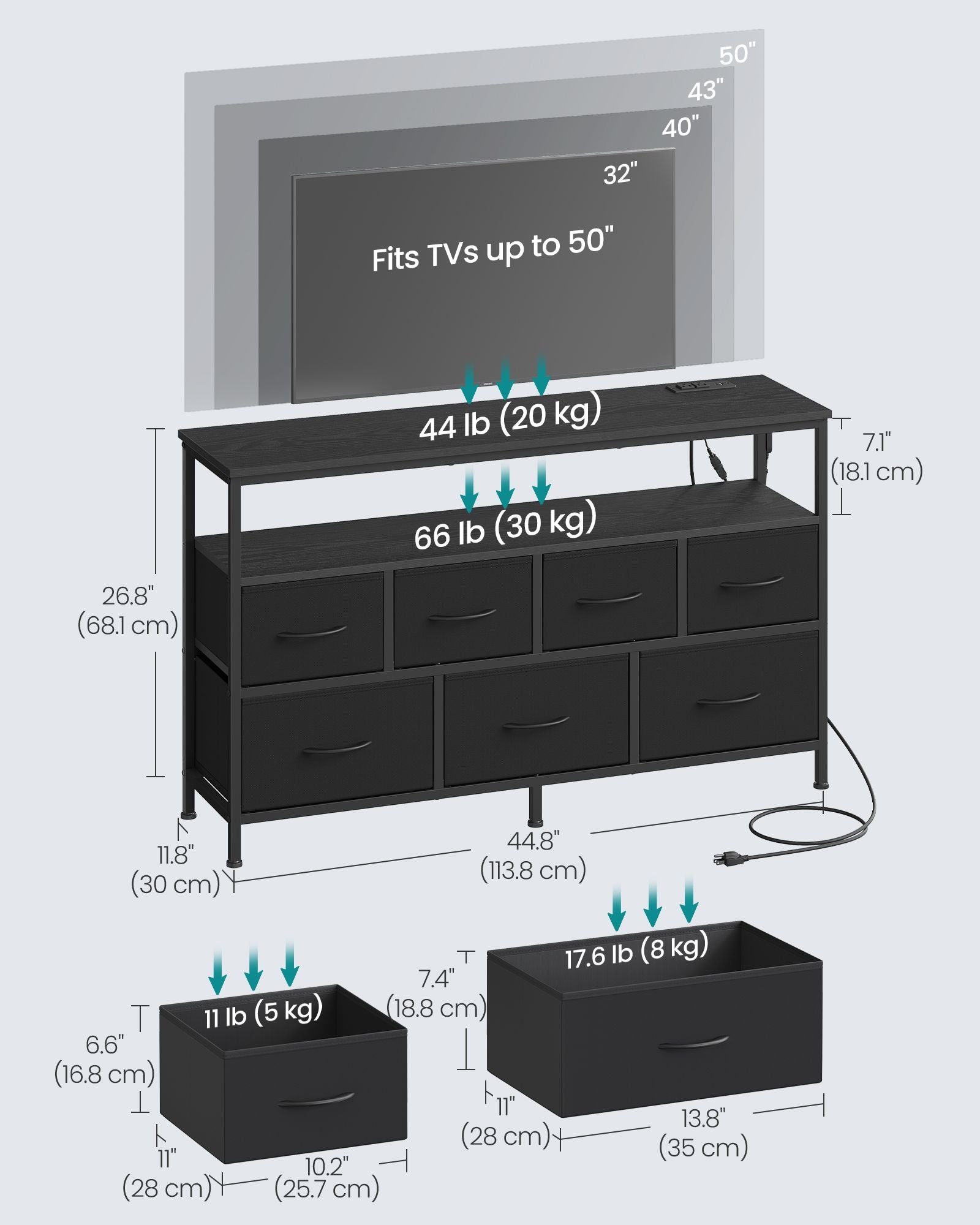 Dresser with App-Controlled LED Lights, 7 Fabric Drawers Dresser, 11.8"D x 44.8"W x 26.8"H (7 Drawers) - image 3
