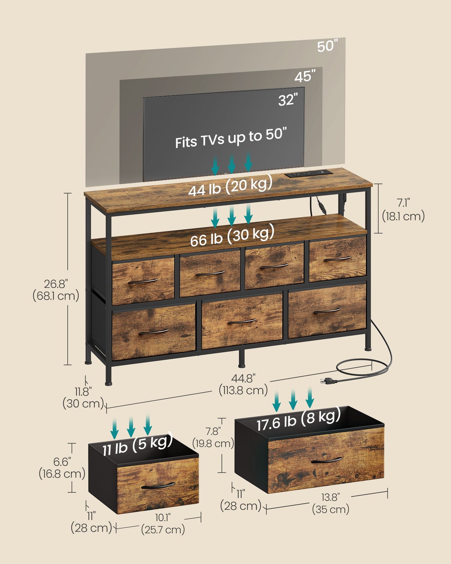 Dresser with App-Controlled LED Lights, 7 Fabric Drawers Dresser, 11.8"D x 44.8"W x 26.8"H (7 Drawers) - image 5