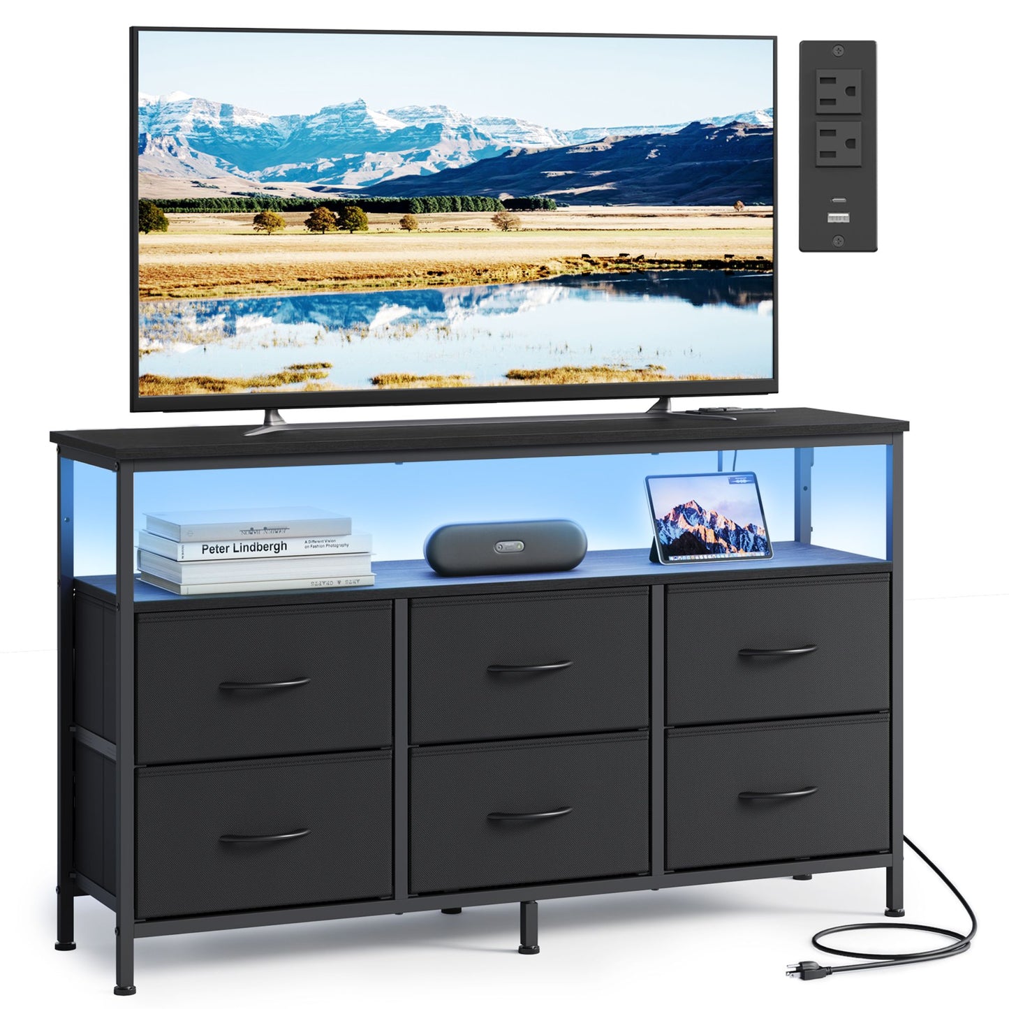 Dresser for Bedroom, Wide Dresser with 6 Drawers & Open Shelf, 11.8"D x 44.8"W x 26.8"H (6 Drawers), Ink Black - image 1