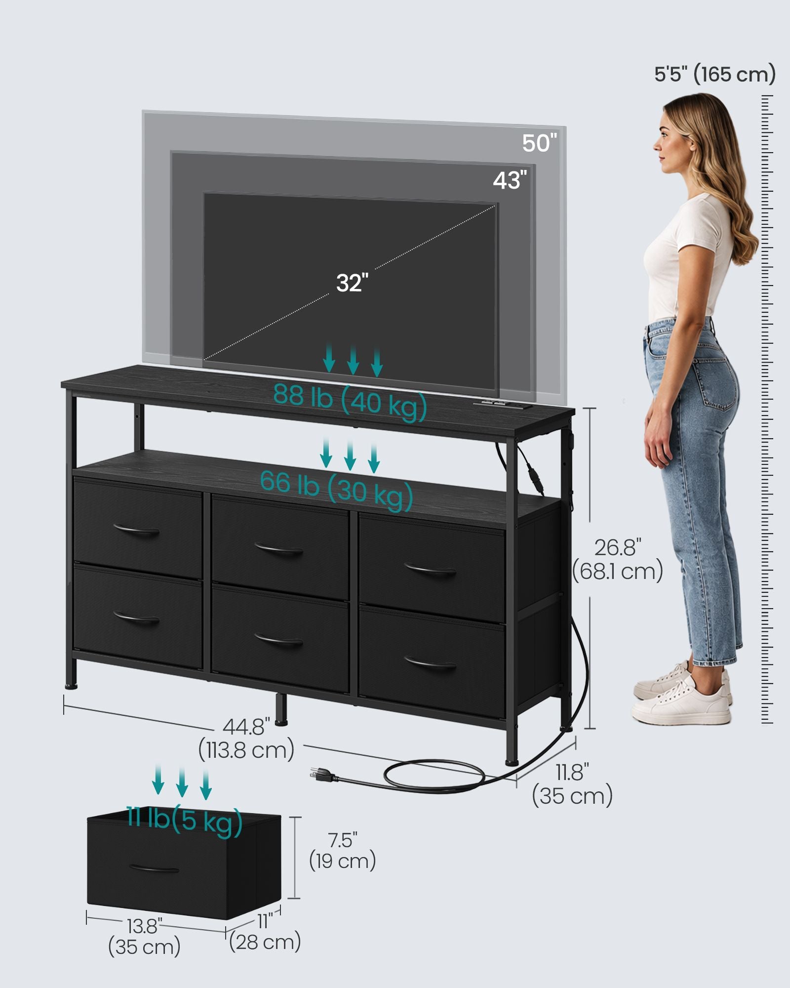 Dresser for Bedroom, Wide Dresser with 6 Drawers & Open Shelf, 11.8"D x 44.8"W x 26.8"H (6 Drawers), Ink Black - image 2