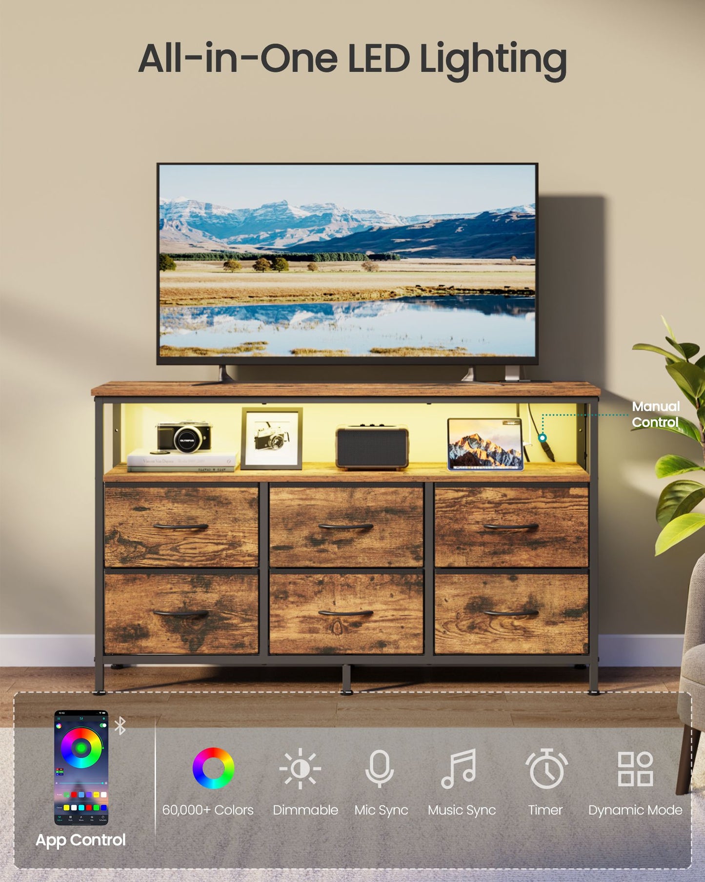 Dresser for Bedroom, Wide Dresser with 6 Drawers & Open Shelf, 11.8"D x 44.8"W x 26.8"H (6 Drawers), Ink Black - image 7