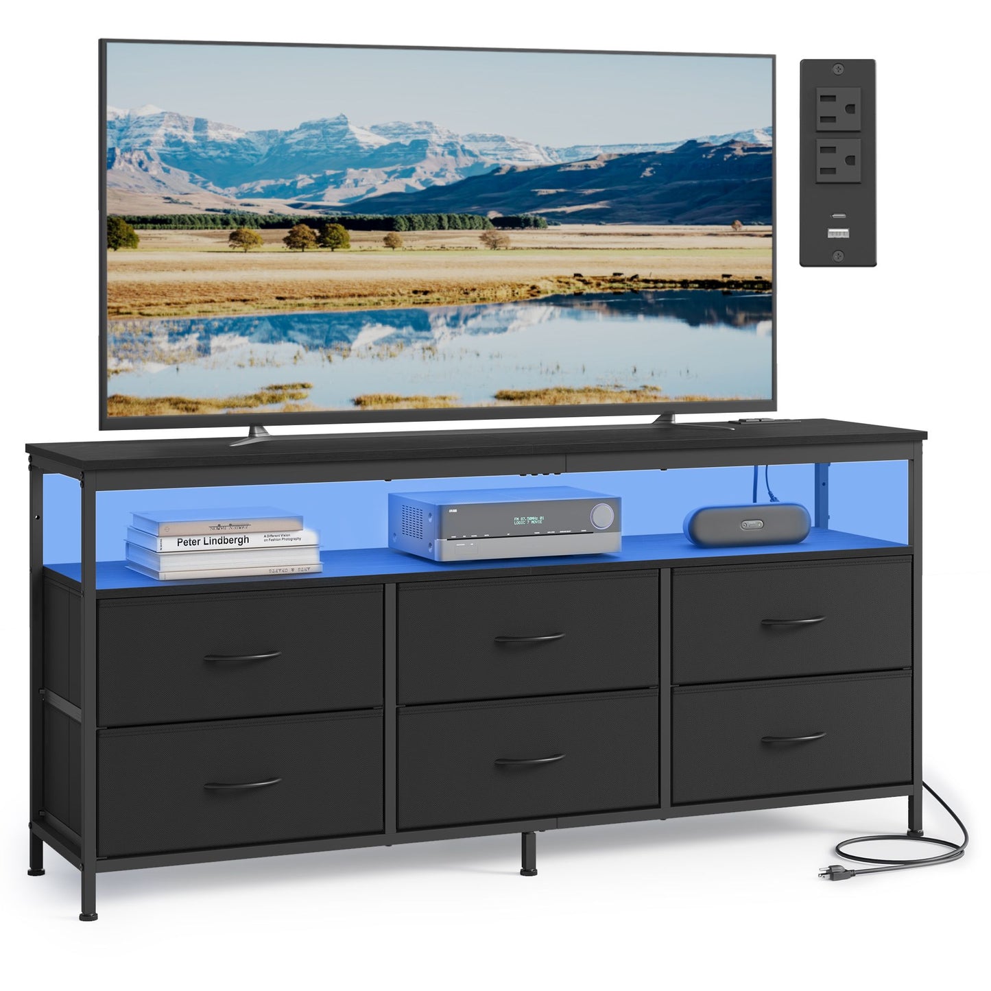 Dresser for Bedroom, Wide Dresser with 6 Drawers & Open Shelf, 13.8"D x 57.8"W x 26.8"H (6 Drawers), Ink Black - image 1