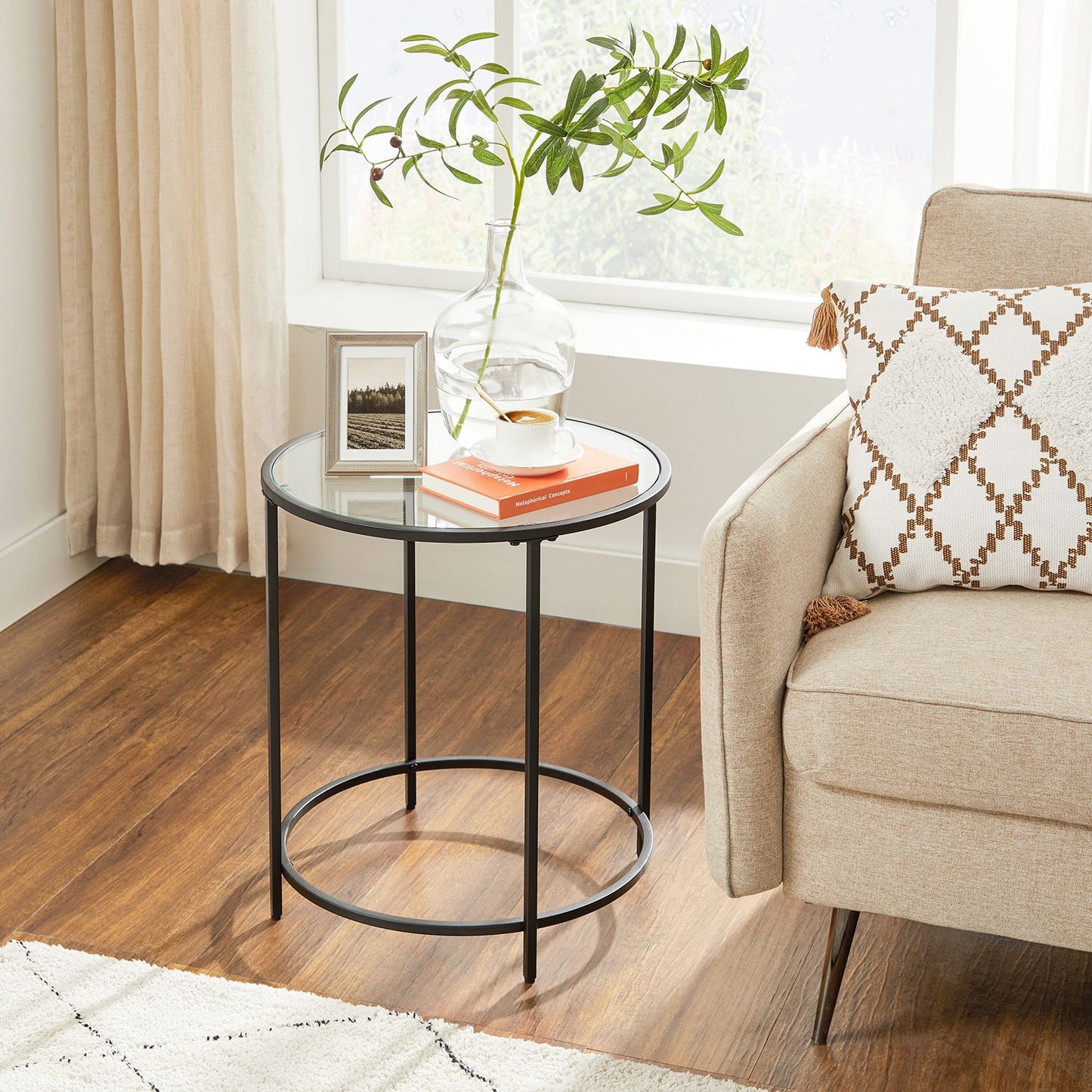 Glass Round Side Table with Metal Frame, Set of 2 - HWLEXTRA 