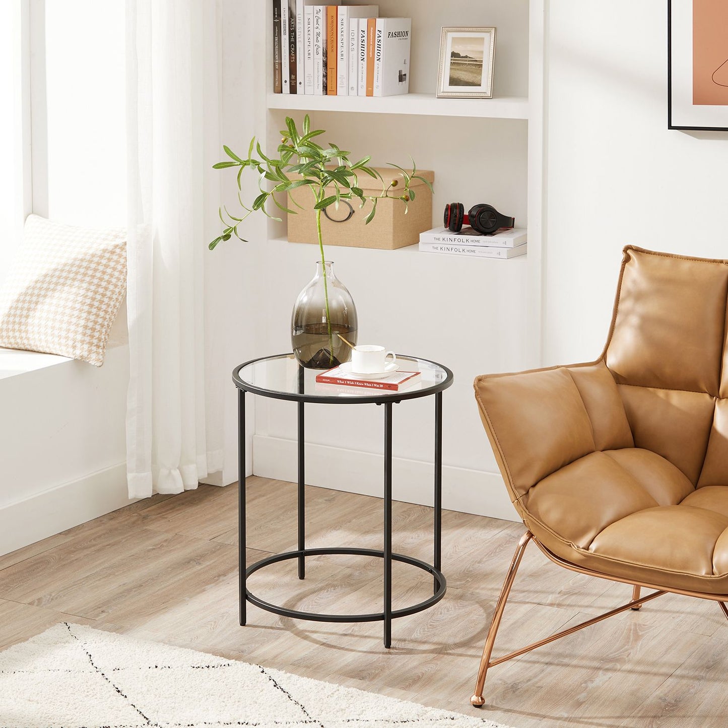 Glass Round Side Table with Metal Frame, Set of 2 - HWLEXTRA 