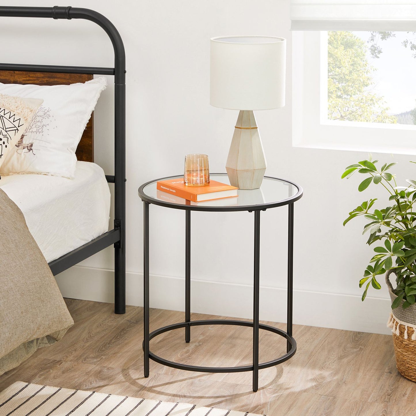 Glass Round Side Table with Metal Frame, Set of 2 - HWLEXTRA 