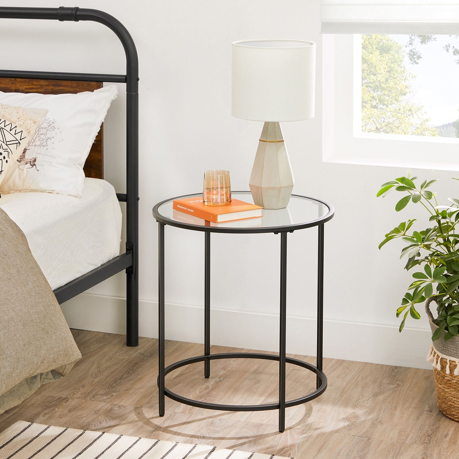 Glass Round Side Table with Metal Frame, Set of 2 - HWLEXTRA 