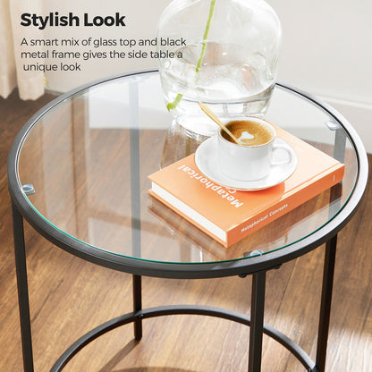Glass Round Side Table with Metal Frame, Set of 2 - HWLEXTRA 