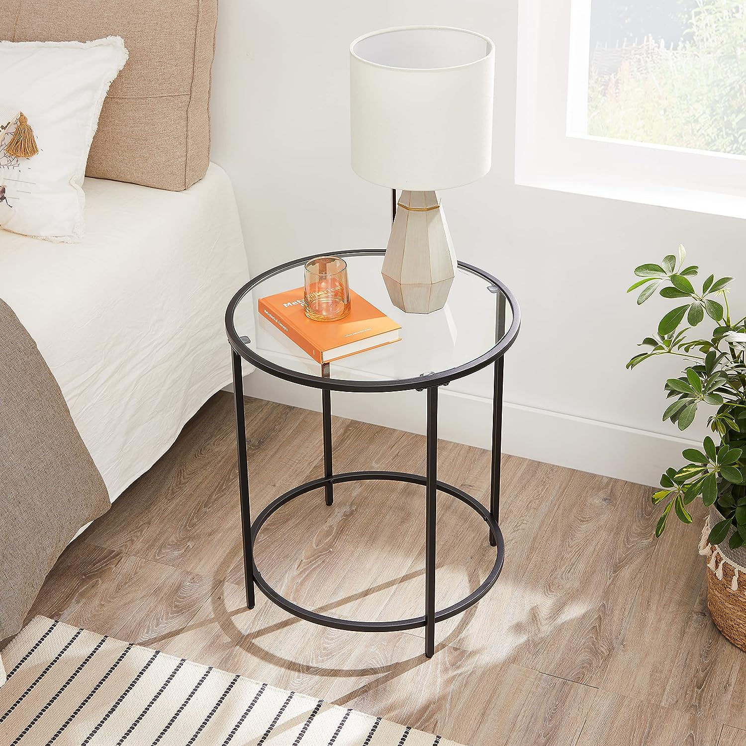Glass Round Side Table with Metal Frame, Set of 2 - HWLEXTRA 