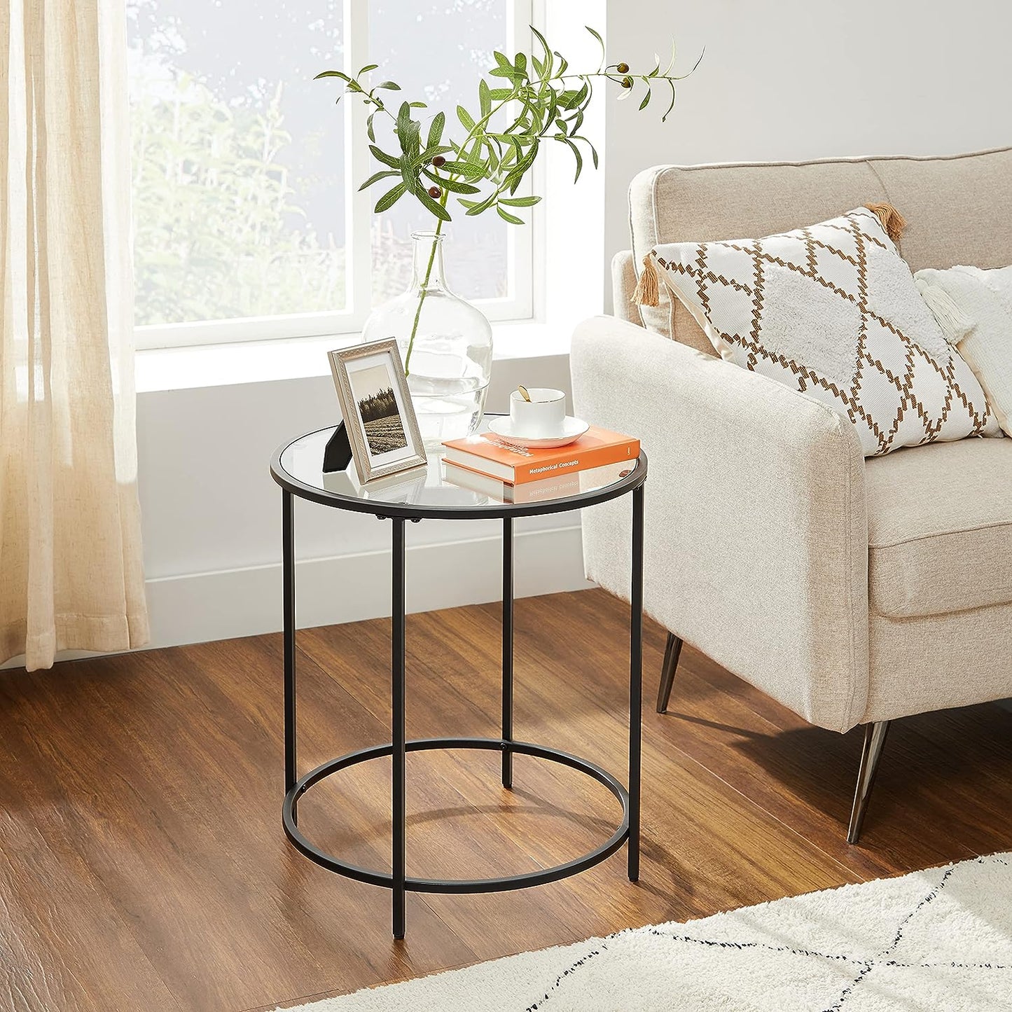 Glass Round Side Table with Metal Frame, Set of 2 - HWLEXTRA 