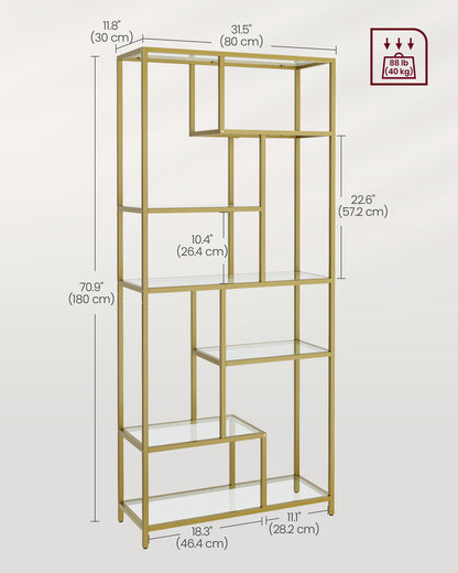 6-Tier Tall Bookshelf with Tempered Glass Shelves