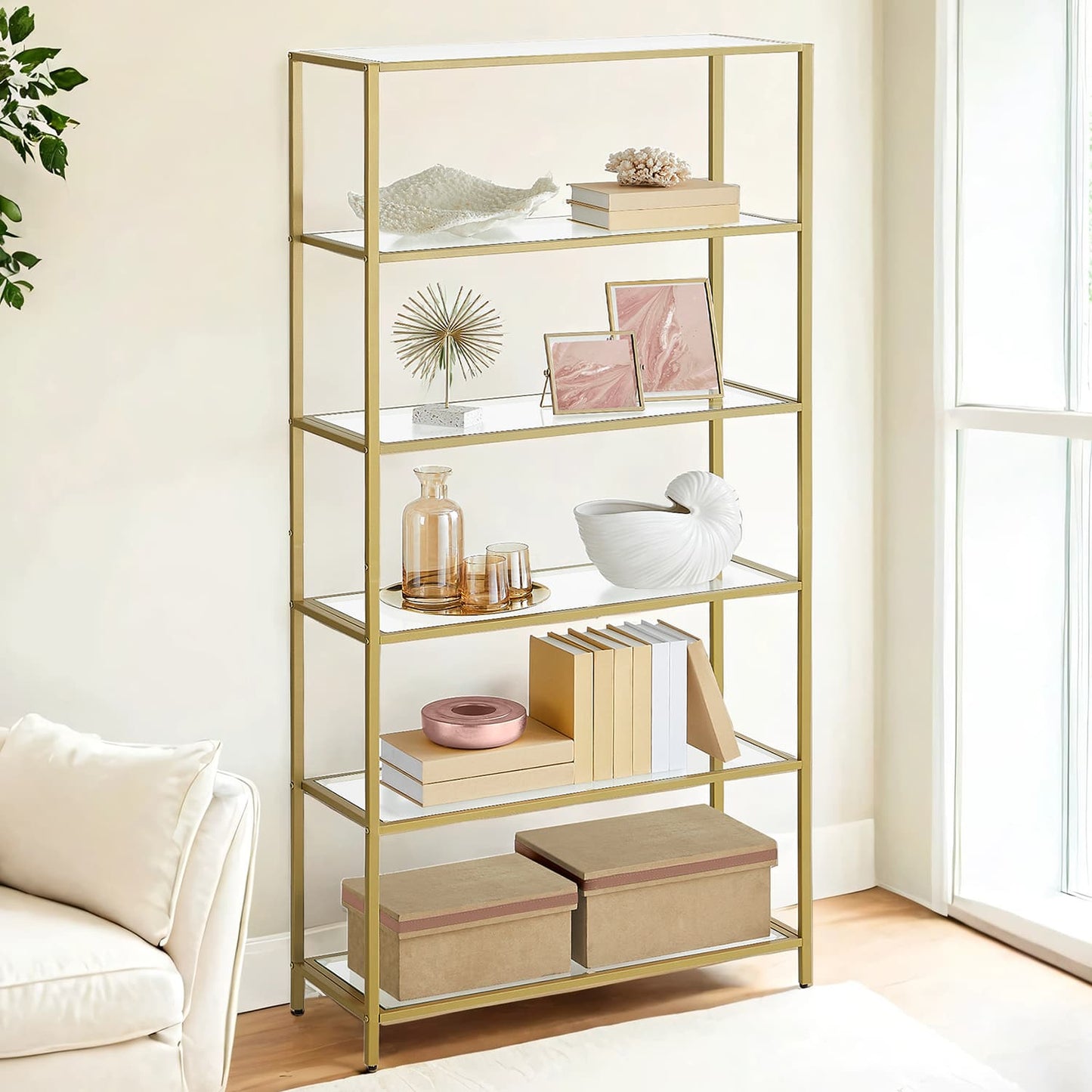 Tall Bookcase, Tempered Glass Shelving Unit, Bookshelf with Steel Frame, 6-Tier Shelf for Living Room Study - image 1