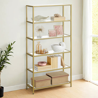 Tall Bookcase, Tempered Glass Shelving Unit, Bookshelf with Steel Frame, 6-Tier Shelf for Living Room Study - image 2