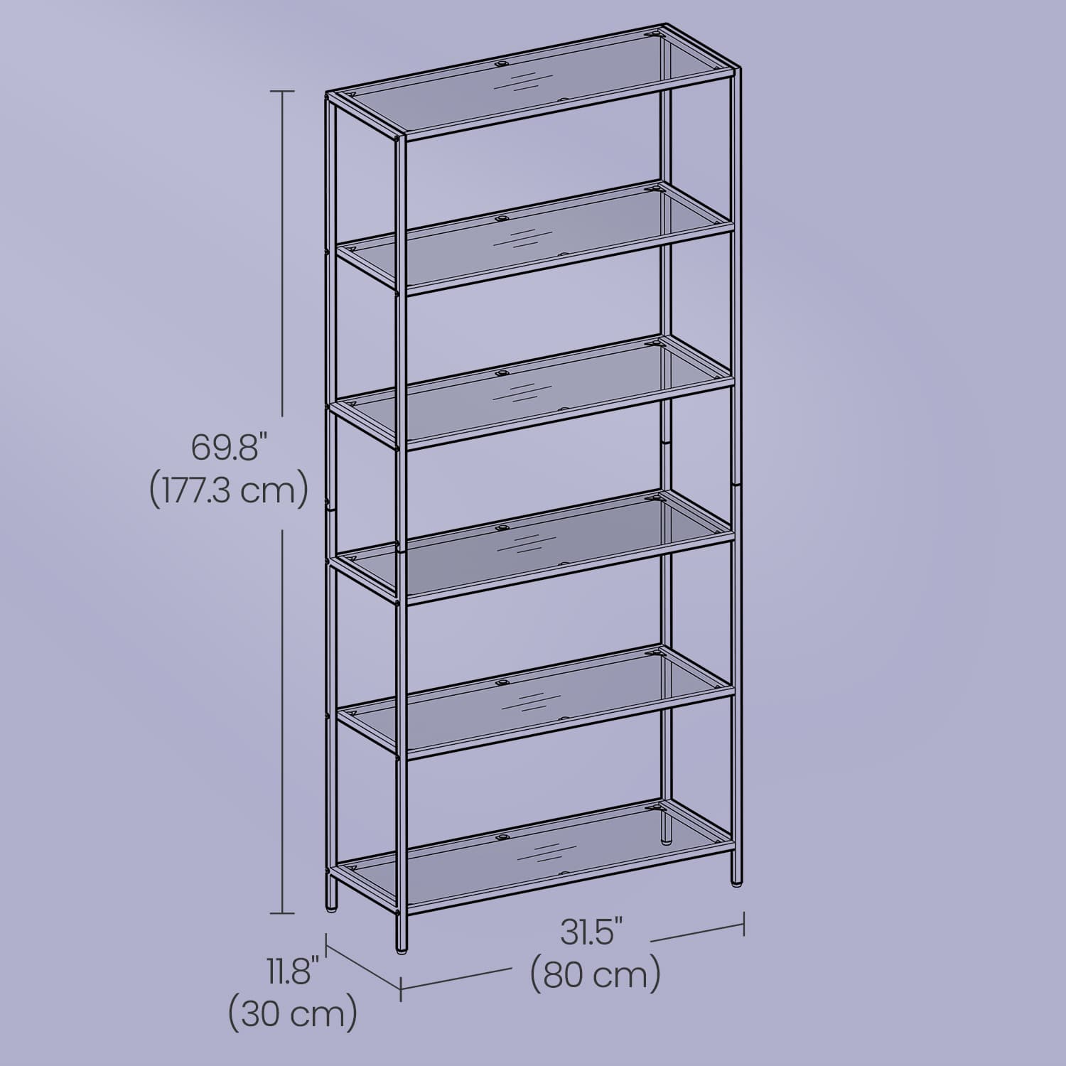 Tall Bookcase, Tempered Glass Shelving Unit, Bookshelf with Steel Frame, 6-Tier Shelf for Living Room Study - image 5