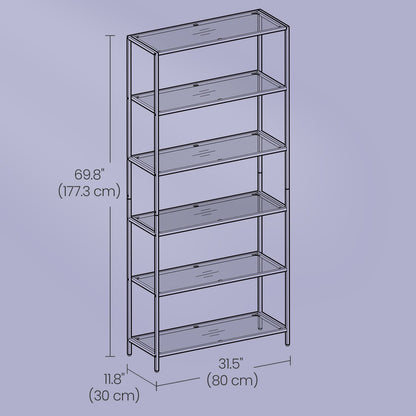 Tall Bookcase, Tempered Glass Shelving Unit, Bookshelf with Steel Frame, 6-Tier Shelf for Living Room Study - image 5