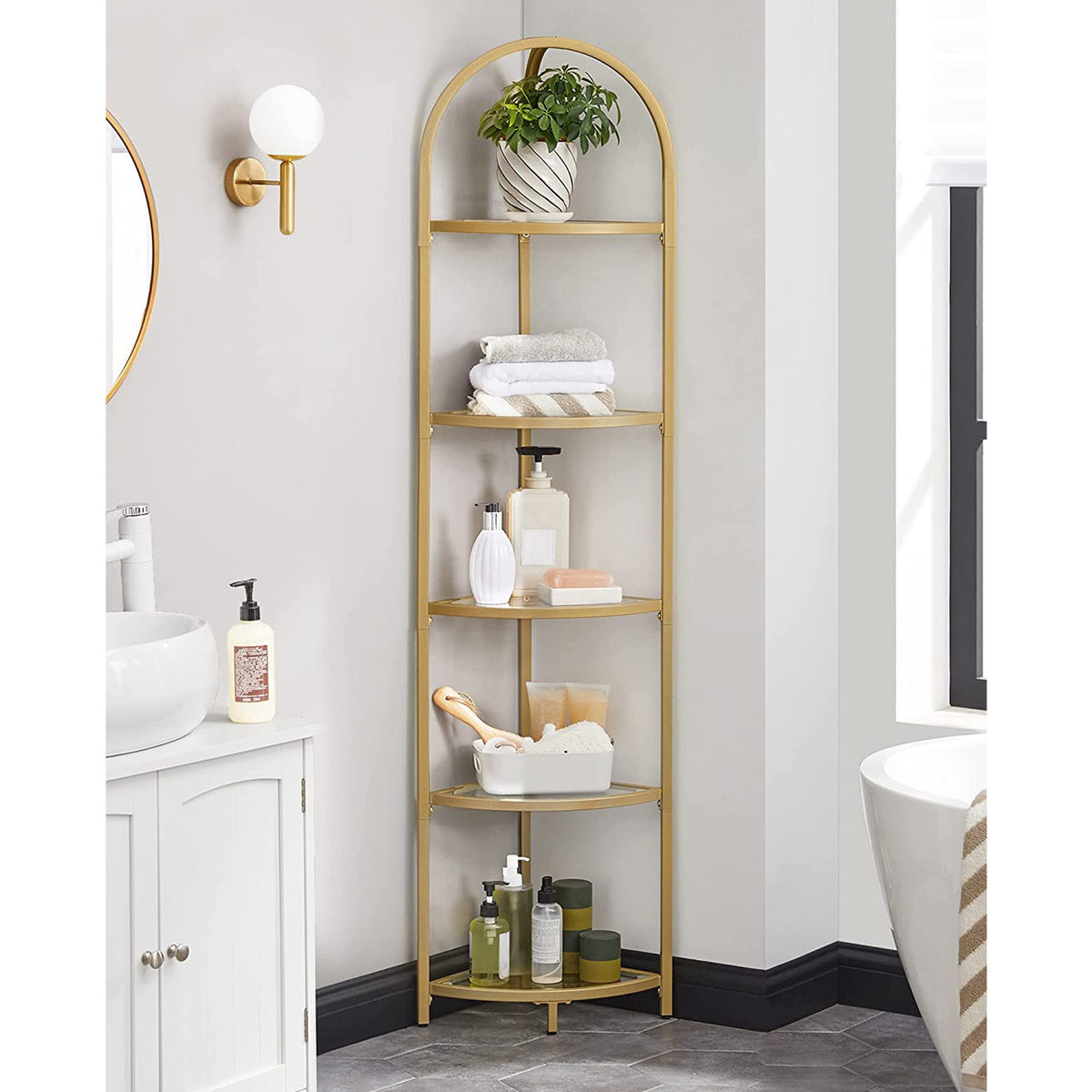 Corner Shelf, 5 Tier Corner Bookshelf, Tempered Glass Shelves, Modern Style