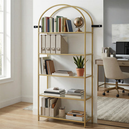 Tall Bookcase, Tempered Glass Shelving Unit, Bookshelf with Steel Frame, 6-Tier Shelf for Living Room Study