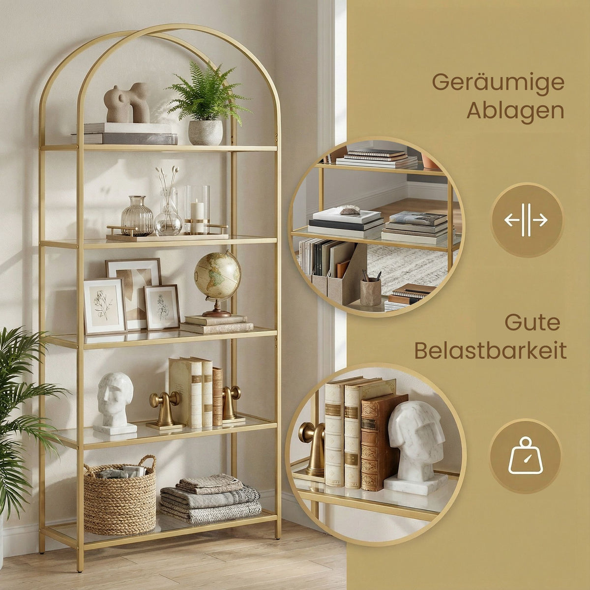 Tall Bookcase, Tempered Glass Shelving Unit, Bookshelf with Steel Frame, 6-Tier Shelf for Living Room Study
