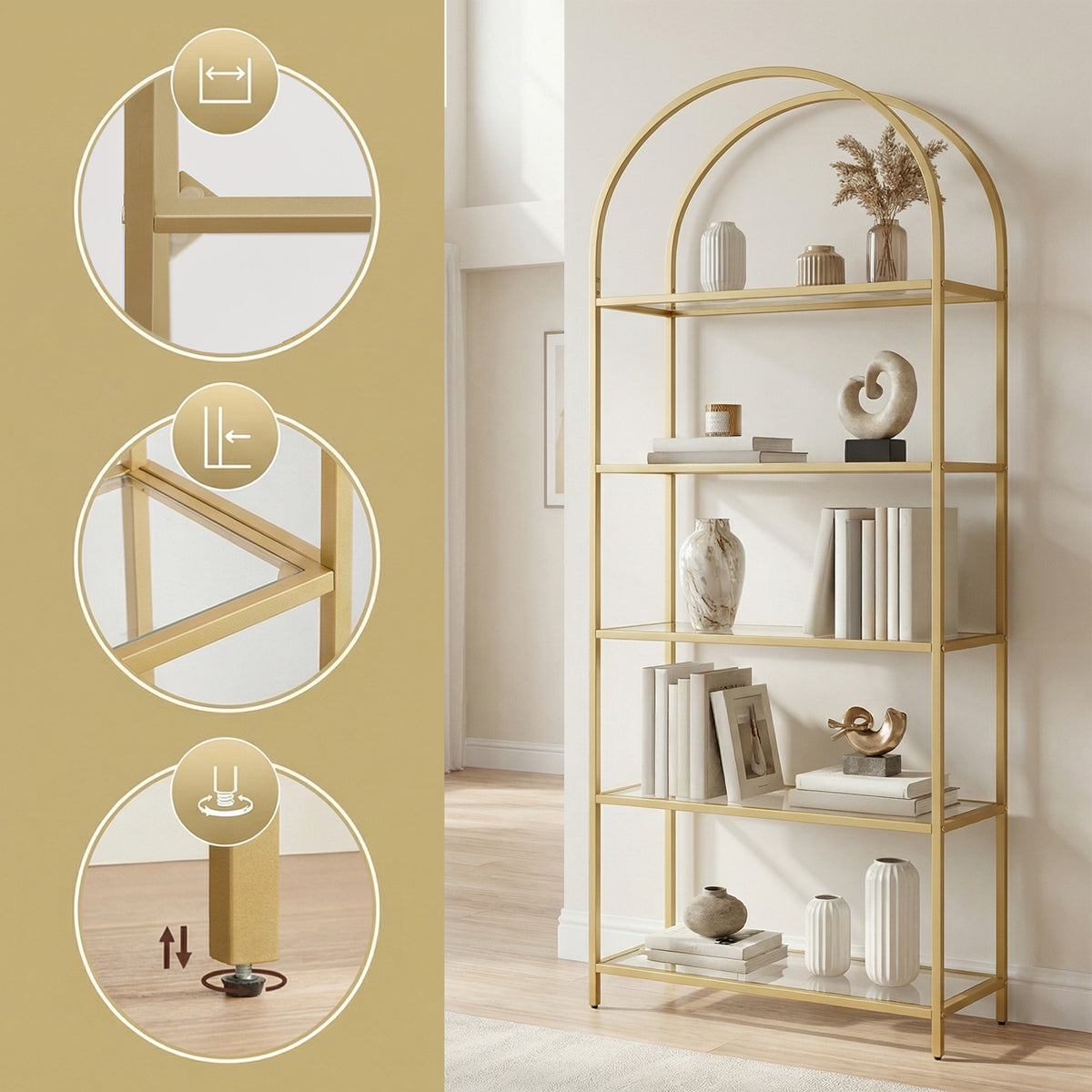 Tall Bookcase, Tempered Glass Shelving Unit, Bookshelf with Steel Frame, 6-Tier Shelf for Living Room Study