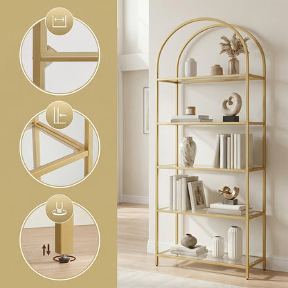 Tall Bookcase, Tempered Glass Shelving Unit, Bookshelf with Steel Frame, 6-Tier Shelf for Living Room Study