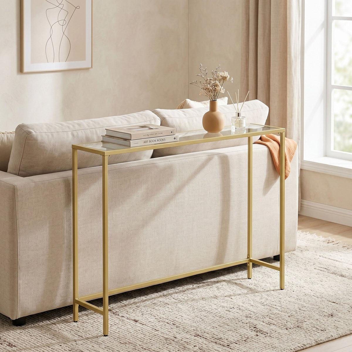 Modern Entryway Table, Console Table with Tempered Glass Tabletop, Sofa Table, Gold