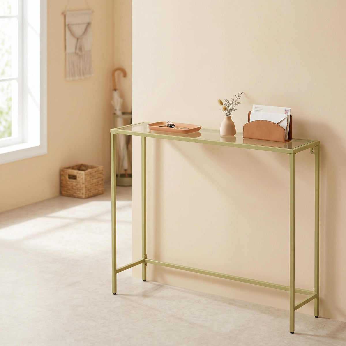 Modern Entryway Table, Console Table with Tempered Glass Tabletop, Sofa Table, Gold
