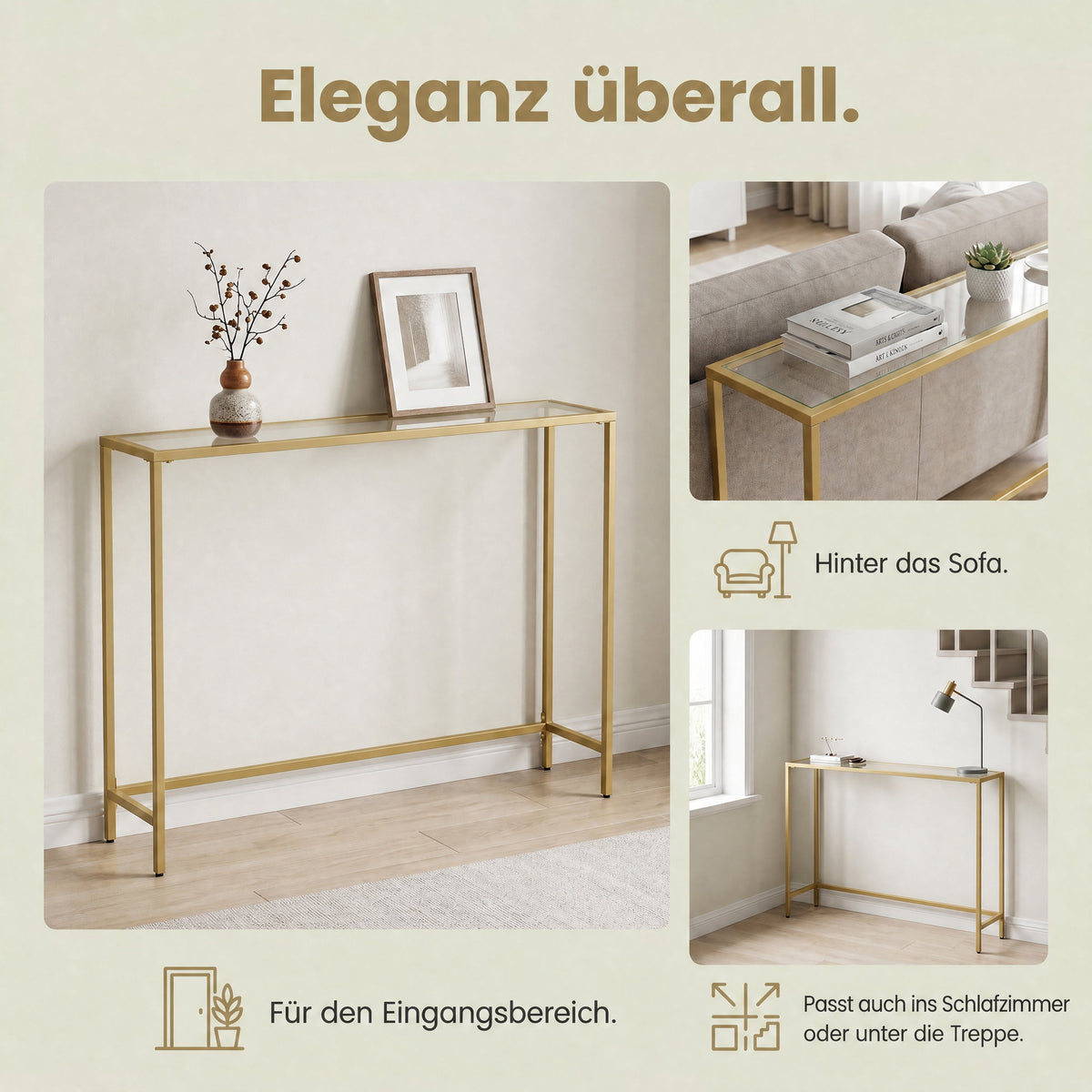 Modern Entryway Table, Console Table with Tempered Glass Tabletop, Sofa Table, Gold