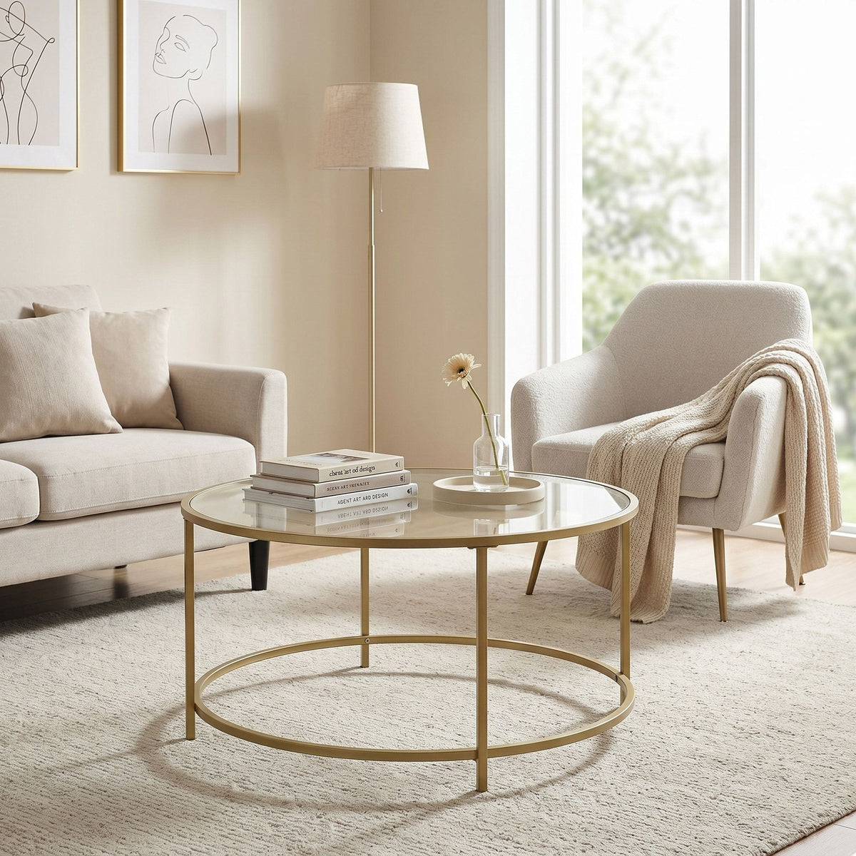 Glass Coffee Table with Metal Frame, Modern Coffee Table, Round Coffee Table for Living Room, Gold