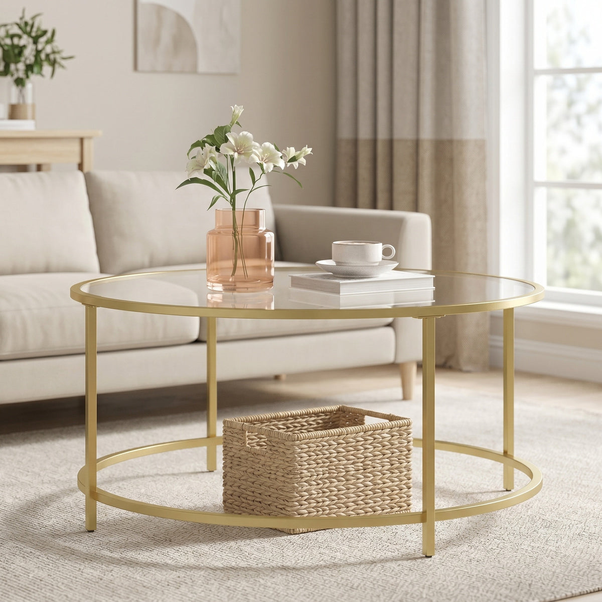Glass Coffee Table with Metal Frame, Modern Coffee Table, Round Coffee Table for Living Room, Gold