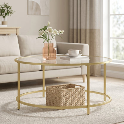 Glass Coffee Table with Metal Frame, Modern Coffee Table, Round Coffee Table for Living Room, Gold