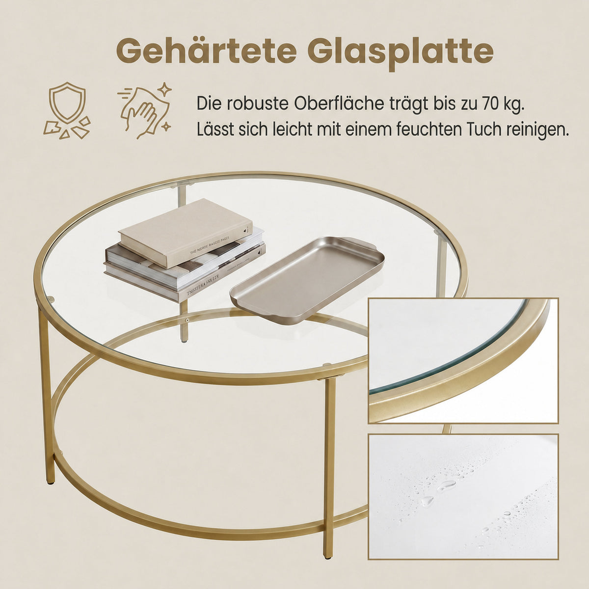 Glass Coffee Table with Metal Frame, Modern Coffee Table, Round Coffee Table for Living Room, Gold