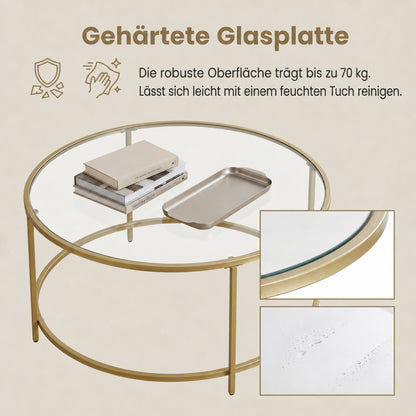 Glass Coffee Table with Metal Frame, Modern Coffee Table, Round Coffee Table for Living Room, Gold
