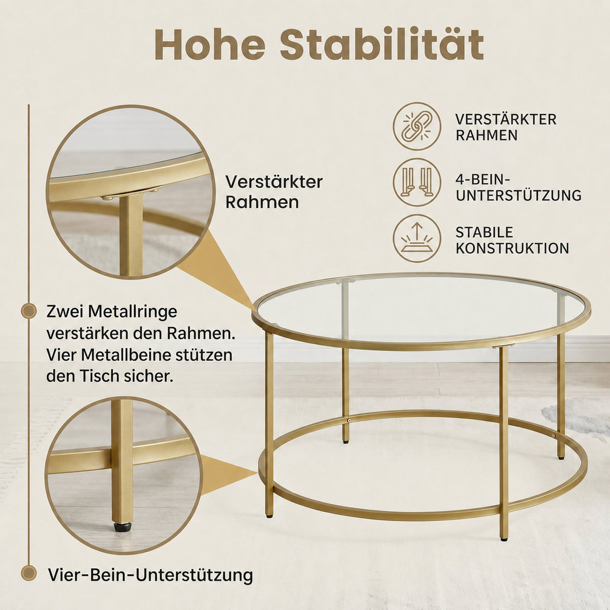 Glass Coffee Table with Metal Frame, Modern Coffee Table, Round Coffee Table for Living Room, Gold