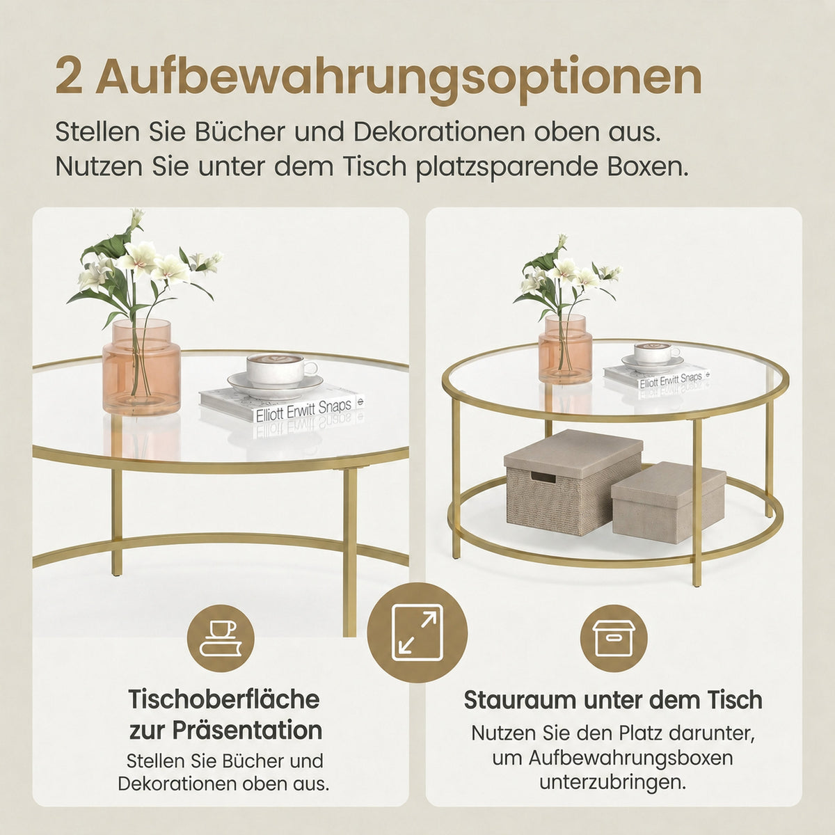 Glass Coffee Table with Metal Frame, Modern Coffee Table, Round Coffee Table for Living Room, Gold