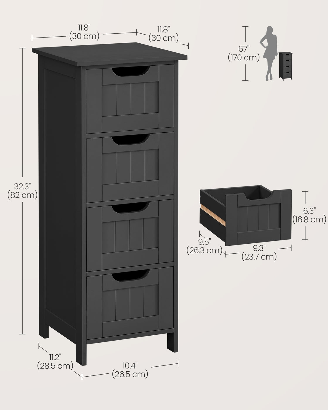 Bathroom Floor Storage Cabinet with 4 Drawers 30 x 30 x 82 cm Grey - image 5