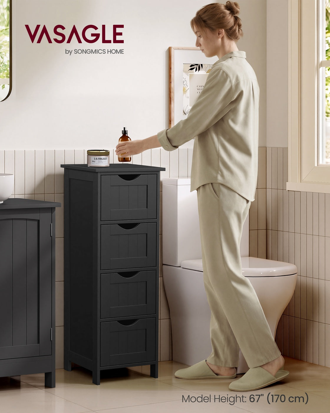 Slim Bathroom Storage Cabinet with 4 Drawers Black - image 2