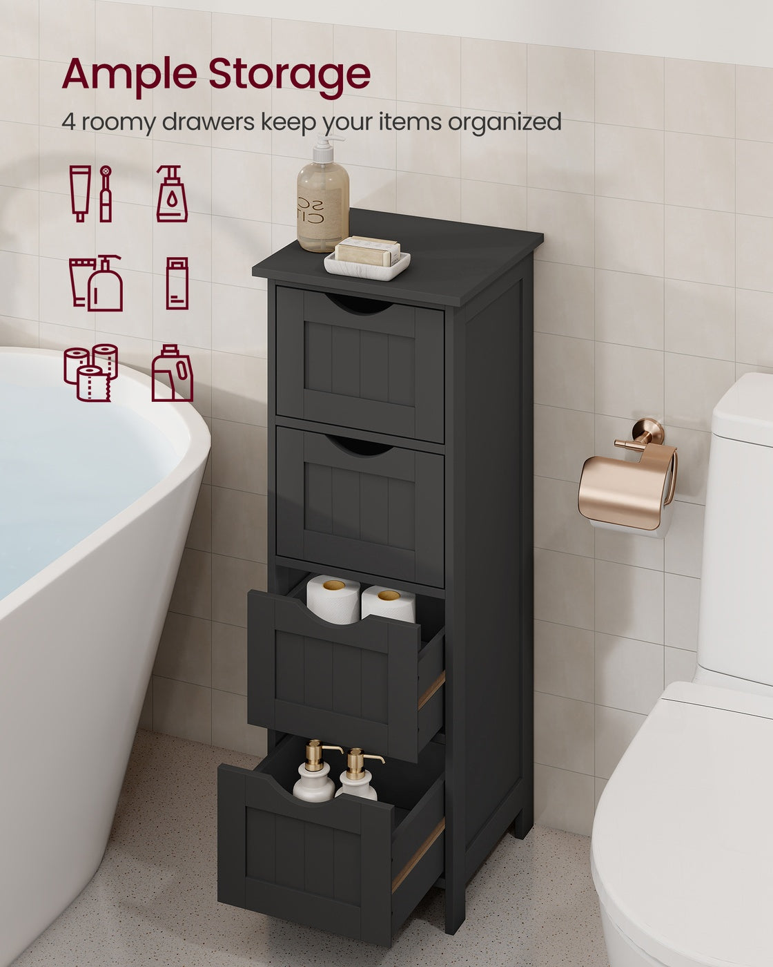 Slim Bathroom Storage Cabinet with 4 Drawers Black - image 3