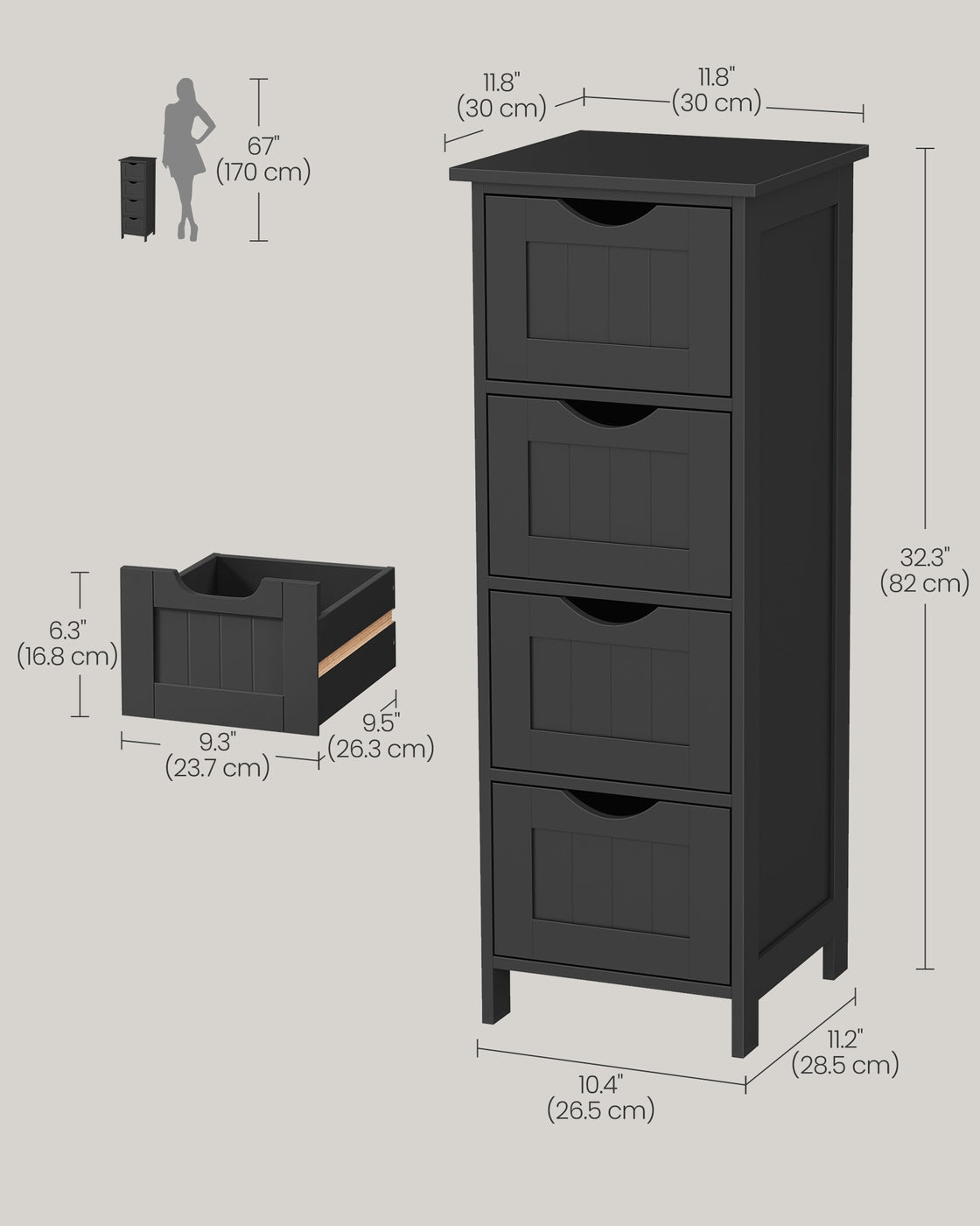 Slim Bathroom Storage Cabinet with 4 Drawers Black - image 6