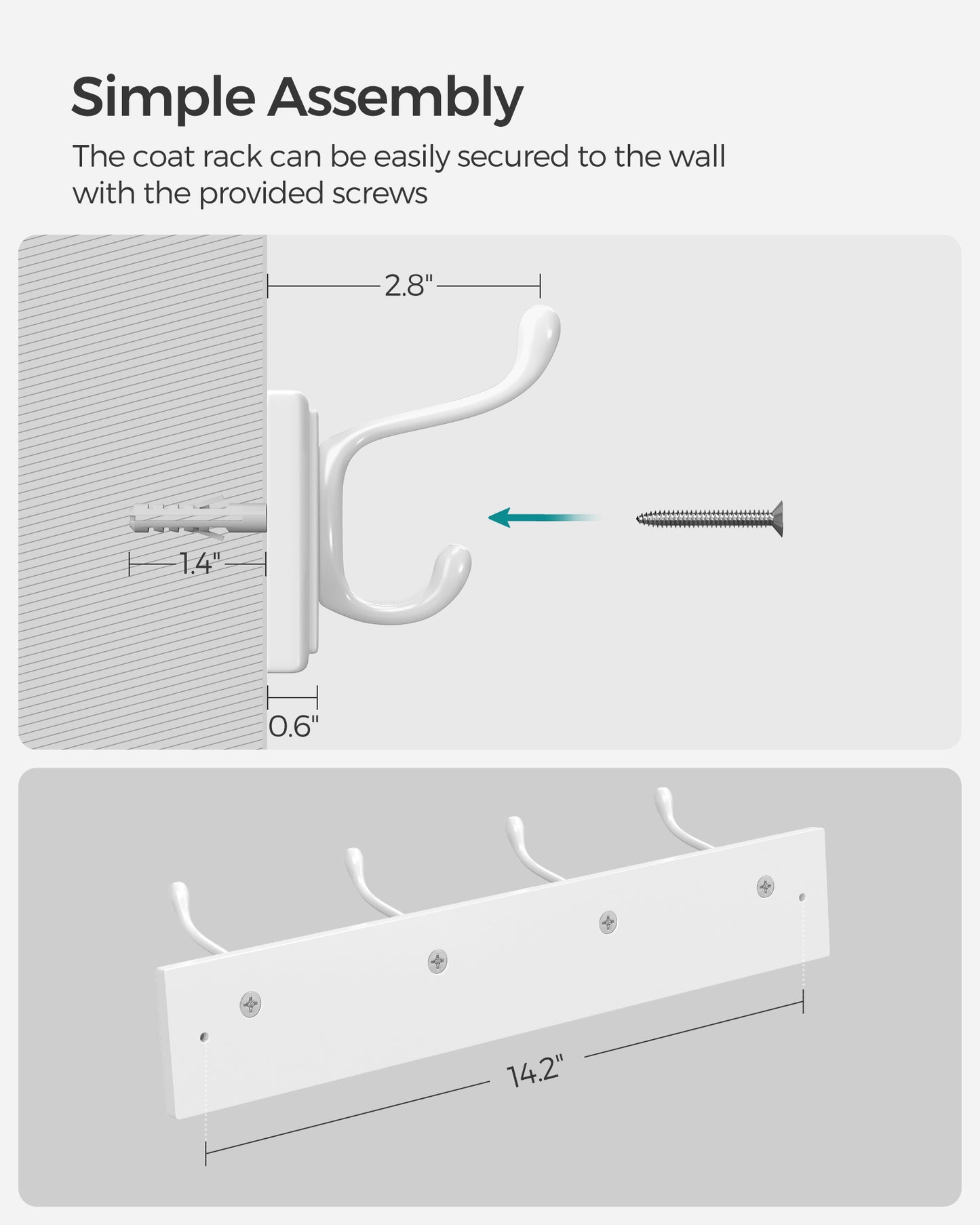 Set of 2 Wall-Mounted Coat Rack, Hook Rack, 8 Dual Metal Hooks