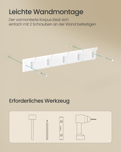 Wall-Mounted Coat Rack, 5 Dual Hooks, Cloud White