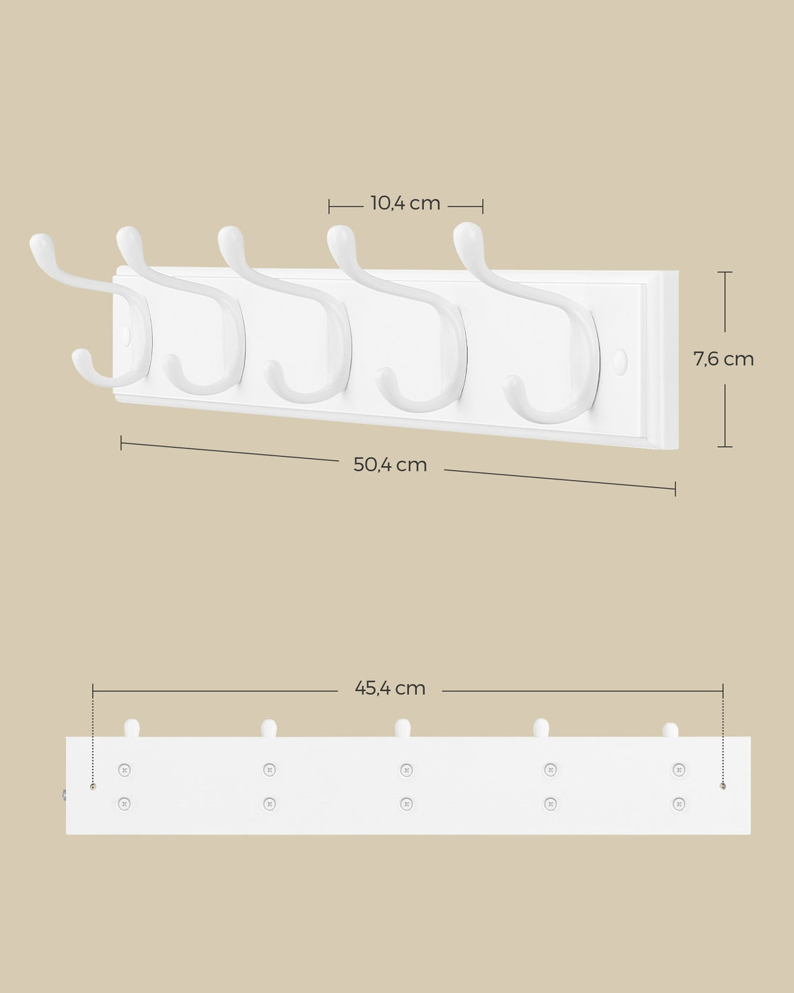 Wall-Mounted Coat Rack, 5 Dual Hooks, Cloud White