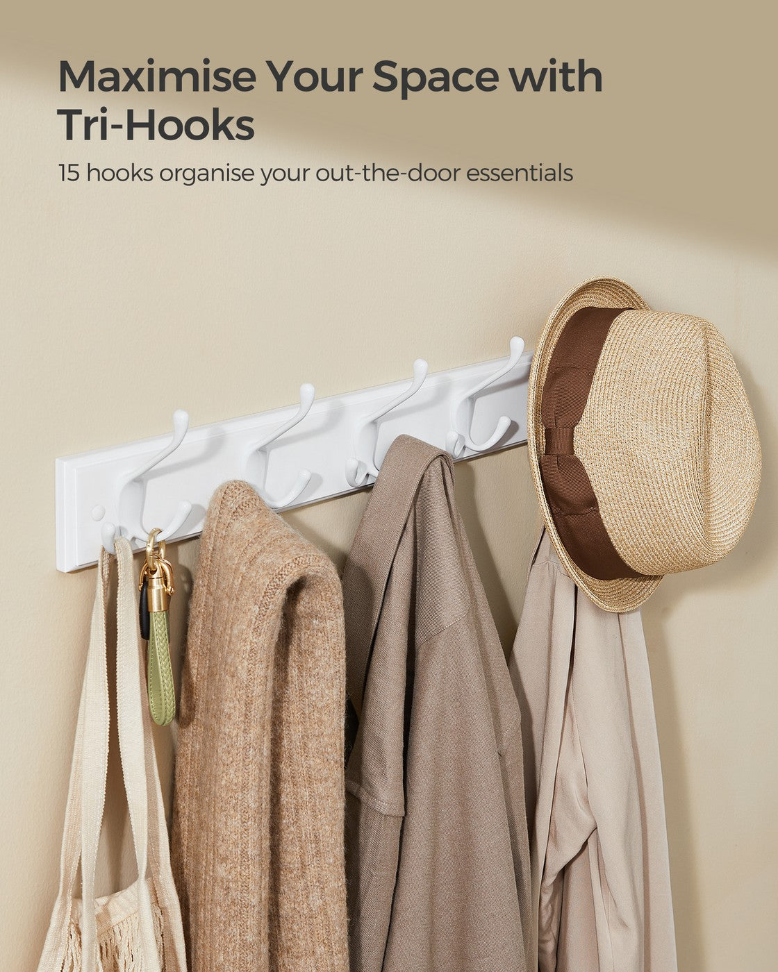 Wall-Mounted Coat Rack, 5 Tri-Hooks, Cloud White - image 2